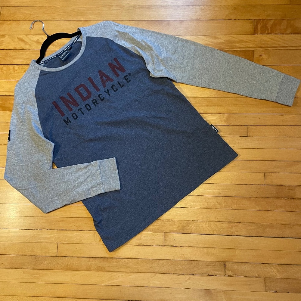 INDIAN MOTORCYCLE Raglan Long Sleeve Shirt Front Spellout Biker Moto Streetwear